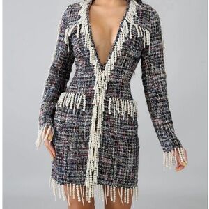 Elegant Tweed Dress with Pearl Detailing